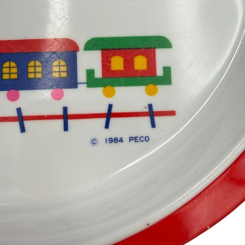 Vintage 1984 PECO Melamine Kids Divided Plate Train Plane Boat Red White 01674